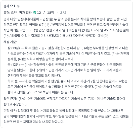 요약 평가 내용과 기준, 답안 근거, 판정 이유