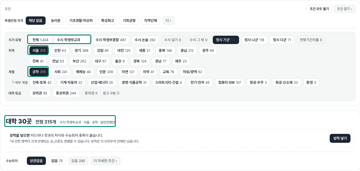 실제 조건 선택과 결과 건수